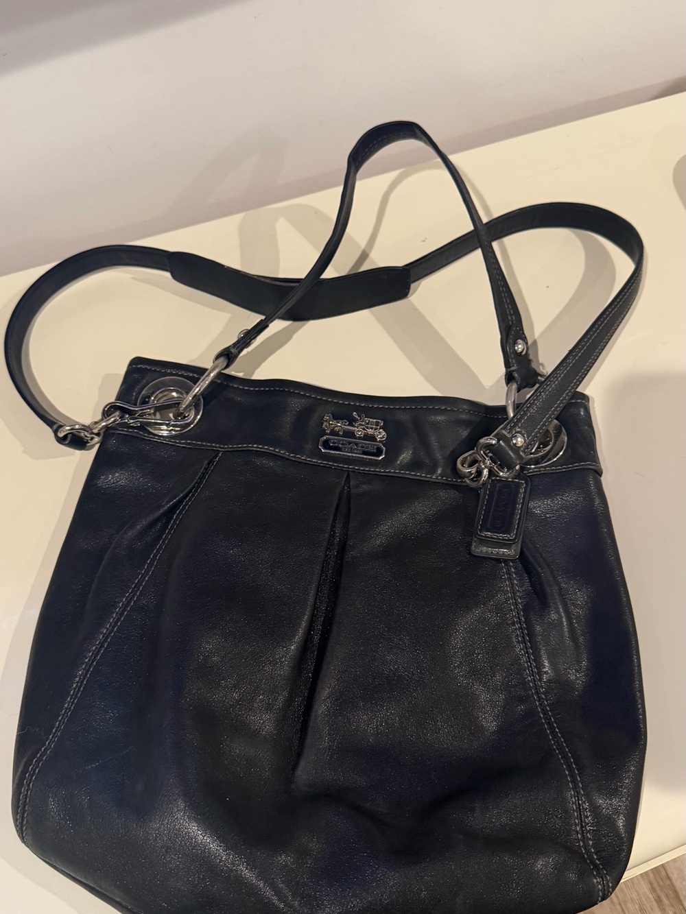 Vintage Coach Black Leather Shoulder Tote with Silver Hardware